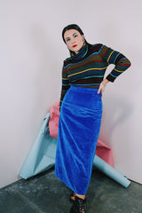 Women's vintage 1970's vibrant cobalt blue velvet midi skirt with a two button and zipper side closure