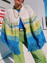 cream green and blue acrylic knit poncho with fringe trim 1970's vintage women's 