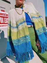 cream green and blue acrylic knit poncho with fringe trim 1970's vintage women's 