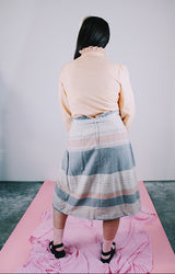 grey peach and baby blue striped wool midi length skirt with pleats vintage 1970's