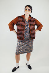 3/4 arm length brown printed open cardigan with small collar vintage 1970's
