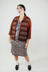 3/4 arm length brown printed open cardigan with small collar vintage 1970's