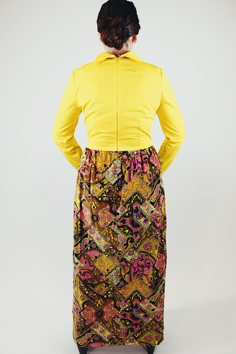 long sleeve mock neck twofer maxi dress with a yellow top part and velvet brown paisley printed skirt vintage 1970's