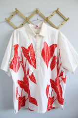 Men's vintage XL 1980's Yoyo's Hawaii, Made in USA label short sleeve white cotton shirt with collar and half button closure.