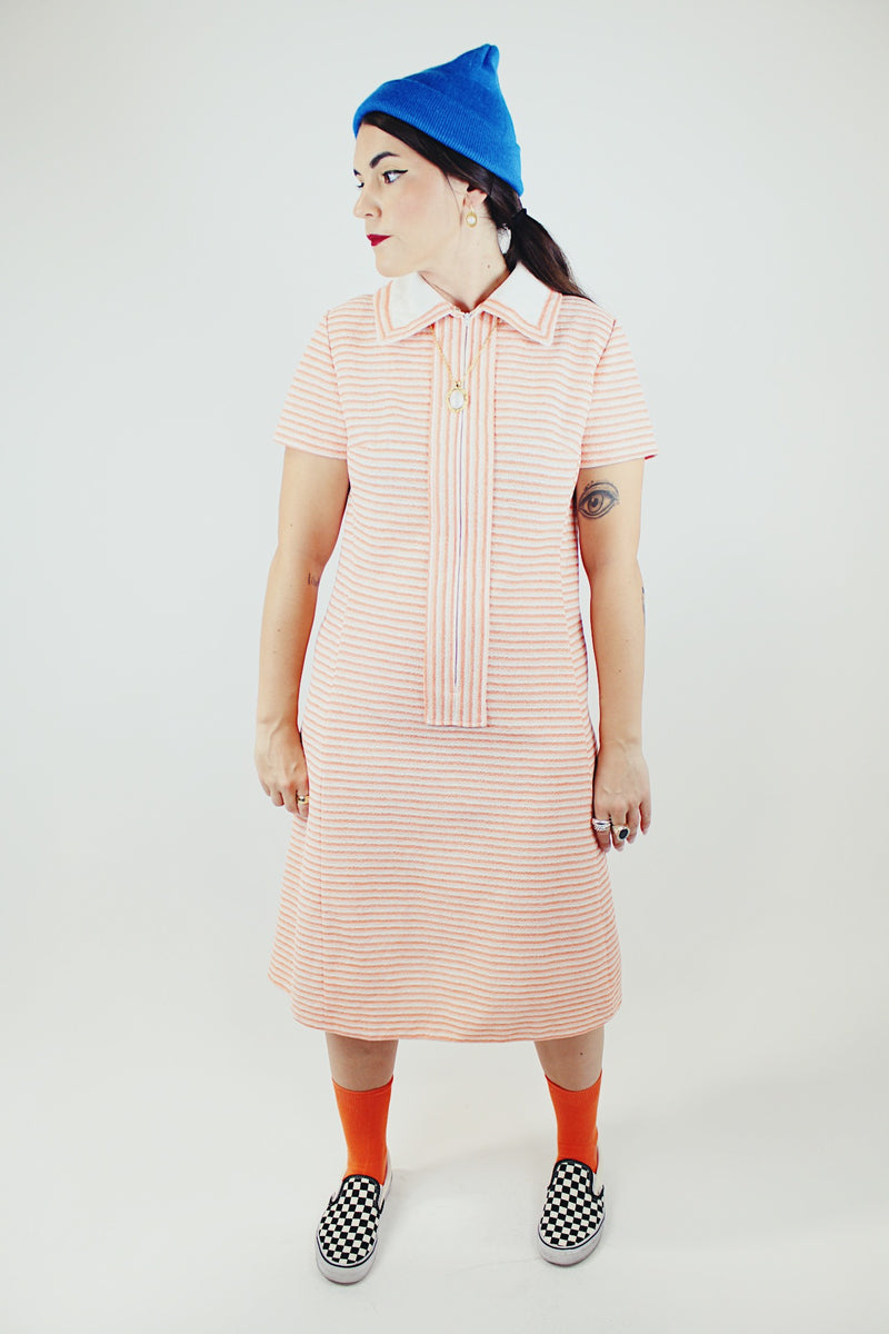 short sleeve orange and white striped midd length half zip dress vintage 1970's