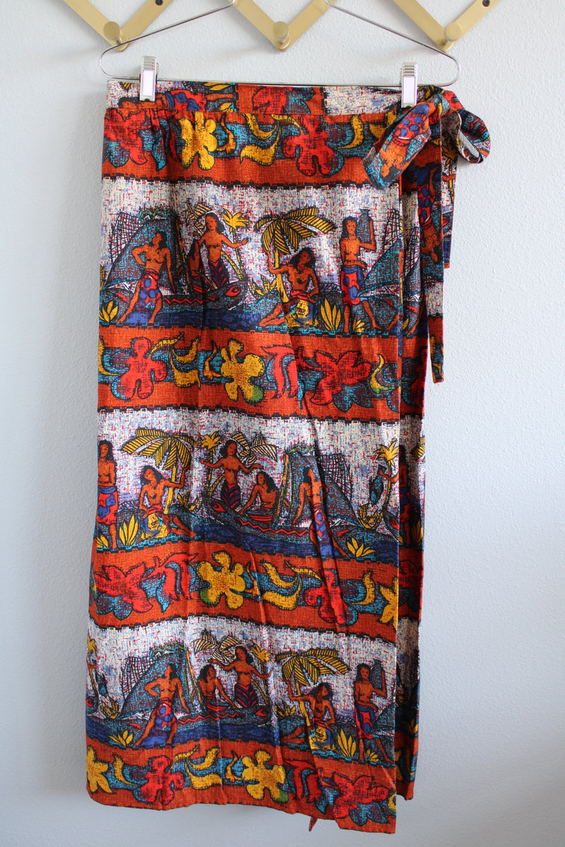 Women's vintage 1970's all over Hawaiian print ankle length maxi wrap skirt in thick quality cotton material. 