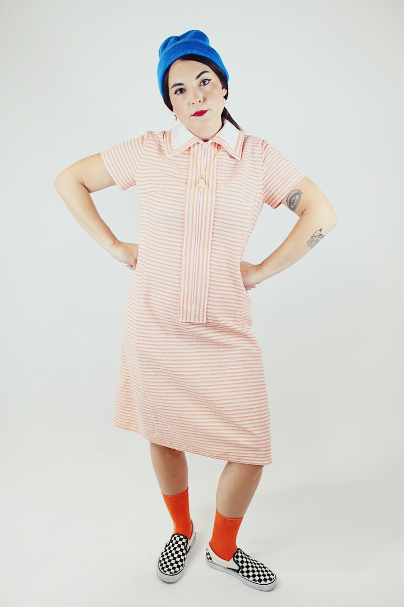 short sleeve orange and white striped midd length half zip dress vintage 1970's