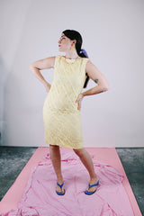 sleeveless yellow cotton dress with lace overlay vintage 1960's