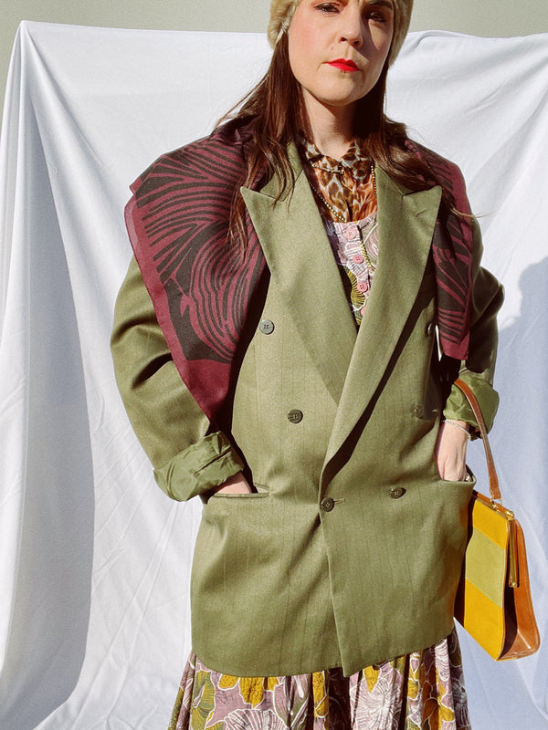 square plum colored polyester scarf with black abstract print vintage made in Italy