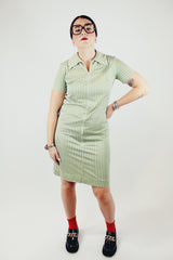 short sleeve small houndstooth print zip up knee length dress in green and white