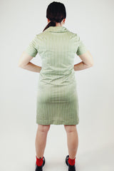 short sleeve small houndstooth print zip up knee length dress in green and white