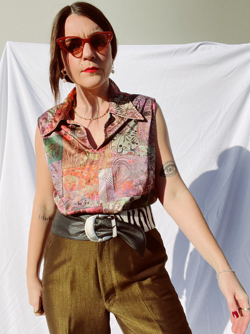 sleeveless printed blouse with collar vintage 1970's