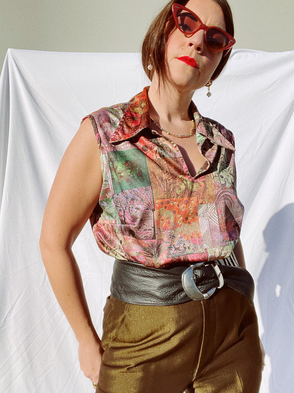 sleeveless printed blouse with collar vintage 1970's