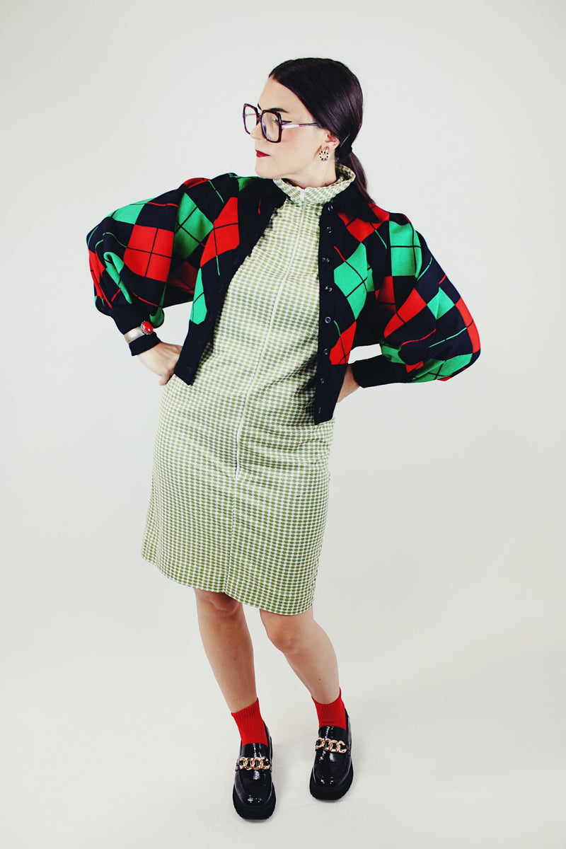 long sleeve wool black red and green argyle print button up cardigan with collar cropped vintage 1960s