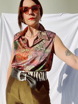 sleeveless printed blouse with collar vintage 1970's