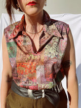 sleeveless printed blouse with collar vintage 1970's