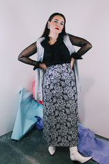Women's vintage 1970's ankle length maxi skirt in black with silver metallic all over print