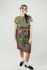 short sleeve printed knee length dress in forest green with pink and brown print