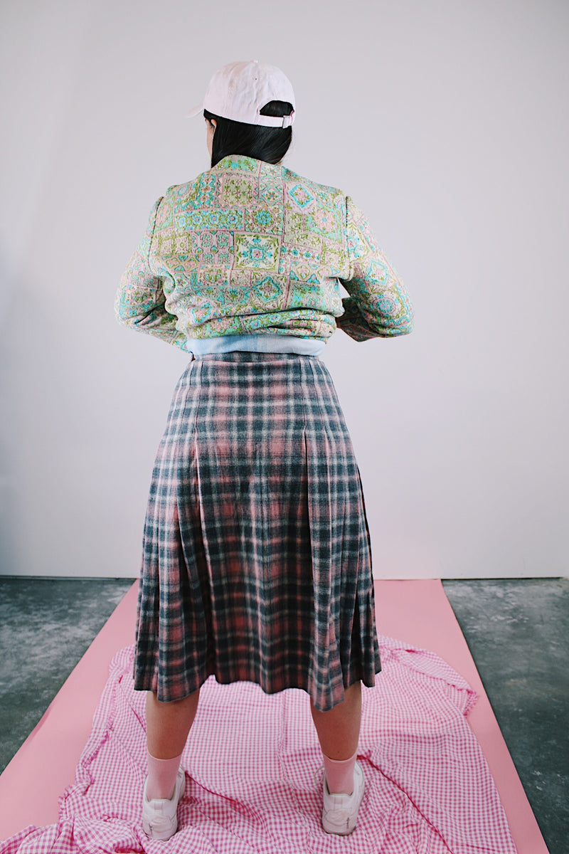 grey and pink plaid wool pendleton skirt vintage