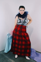 Women's vintage 1980's Pendleton label ankle length wool maxi skirt in red with a navy and yellow all over plaid print