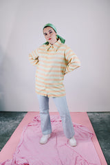 long sleeve button up shirt in pastel green and orange stripes