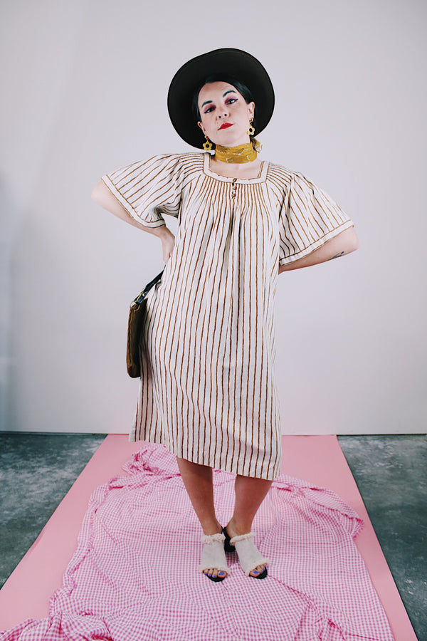 short sleeve midi length linen dress in cream with brown vertical stripes vintage 1970's