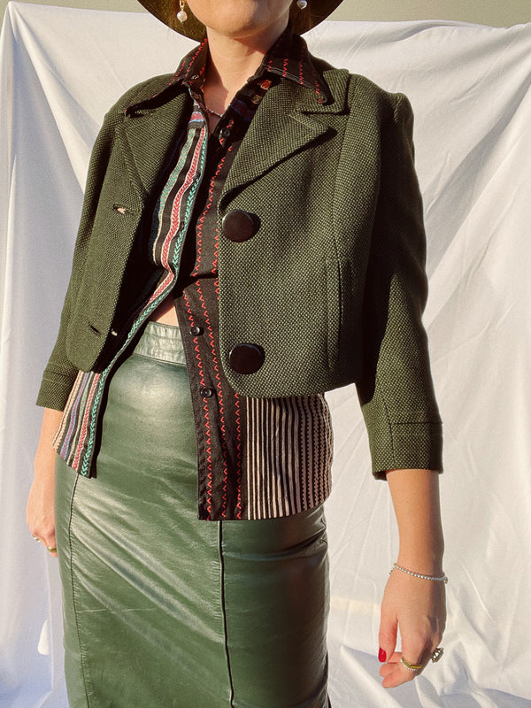 3/4 arm length cropped two button closure green jacket vintage 1950's