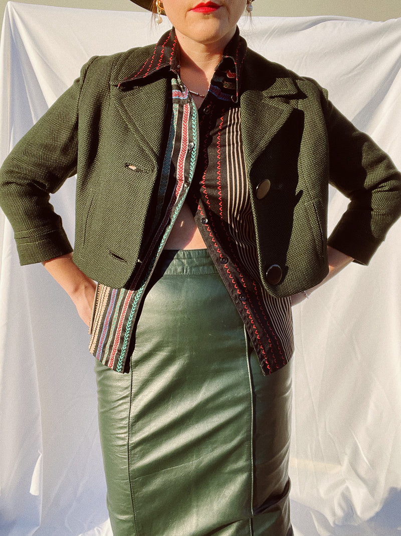 forest green high waisted leather pencil skirt vintage 1980's  