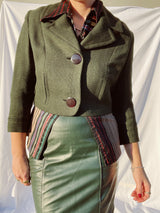 3/4 arm length cropped two button closure green jacket vintage 1950's