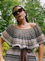 off the shoulder striped maxi dress with tie belt vintage 1970's