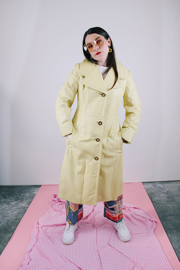 long sleeve long length citrus yellow leather coat buttons up the front vintage women's 1970's