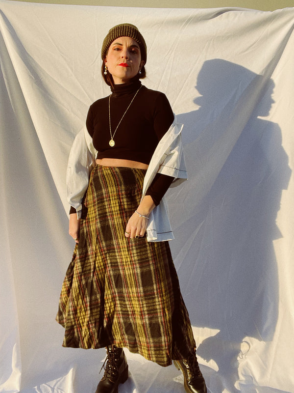 black and yellow plaid wool blend maxi skirt vintage 1980's