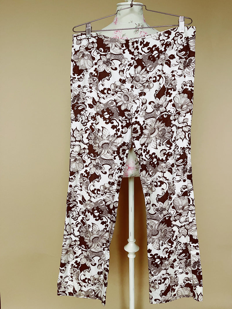 brown and white floral printed pants vintage 1970's women's