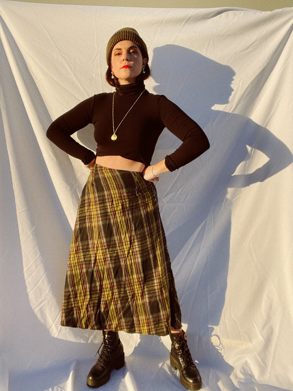 black and yellow plaid wool blend maxi skirt vintage 1980's