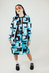 brown and blue and white printed matching jacket and dress vintage 1960's