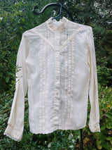 long sleeve cream blouse with mock neck and lace trim women's vintage 1970's