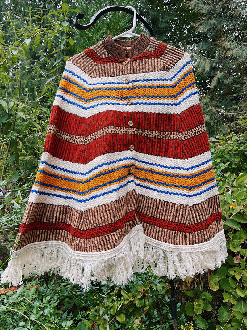 striped knit poncho with buttons and fringe hem women's vintage 1970's