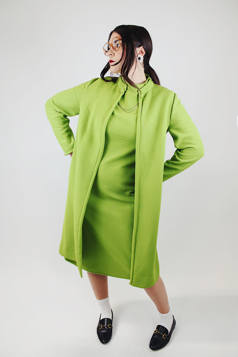 pea green matching dress and jacket set polyester vintage 1960's