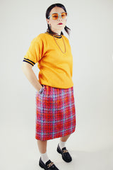 pink orange and red plaid nubby midi pencil skirt with pockets vintage 1980's