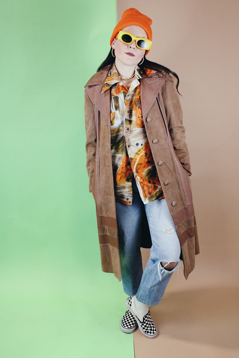 1970's Suede and Leather Long Trench Coat Live Forever Vintage