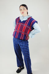 sleeveless wide fit acrylic sweater vest in a blue and red plaid print vintage 1980's