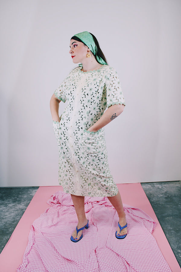 short sleeve floral lace dress midi length cream color with green accents vintage women's 1960's