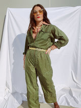 long sleeve army green jumpsuit zips up the front vintage