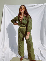 long sleeve army green jumpsuit zips up the front vintage