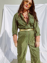 long sleeve army green jumpsuit zips up the front vintage