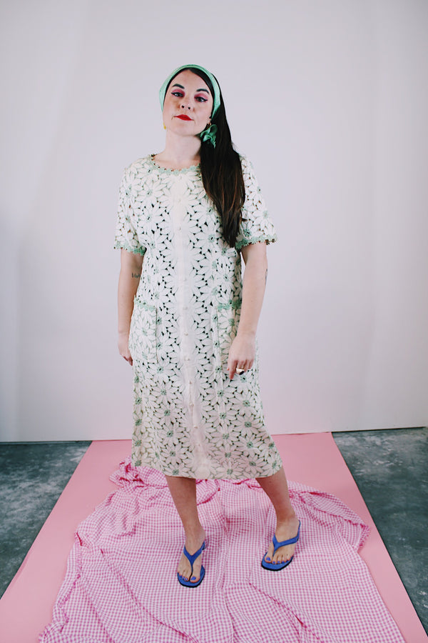 short sleeve floral lace dress midi length cream color with green accents vintage women's 1960's