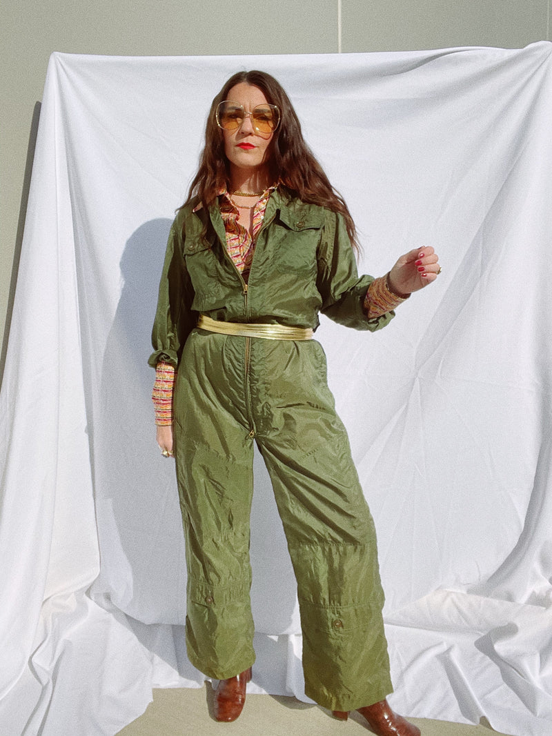 long sleeve army green jumpsuit zips up the front vintage