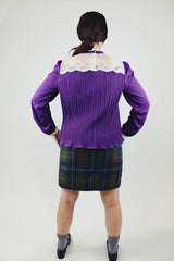 long sleeve purple blouse with pleats and cream lace trim vintage 1970's