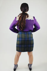 green and blue plaid print wool blend mini skirt with wrap front  1990's