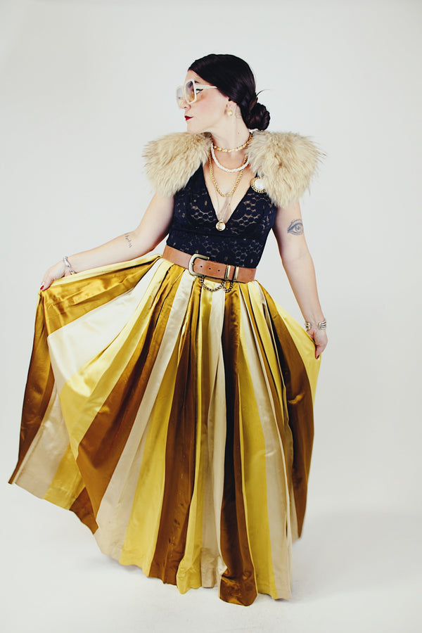 satin maxi skirt in gold and  yellow vertical stripe vintage 